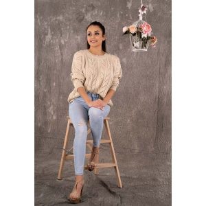 Ażurowy Sweter z Warkoczami - Beżowy. Brązowe swetry klasyczne Merribel, uniwersalny, z materiału, bez kołnierzyka. Za 184,90 zł.