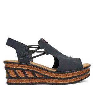 Sandały Rieker. Niebieskie sandały Rieker, bez wzorów, bez obcasa, na koturnie, bez zapięcia. Za 299,99 zł.