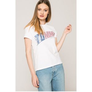 Tommy Jeans - Top. Szare t-shirty marki Tommy Jeans, z nadrukiem, z bawełny, z okrągłym kołnierzem, z krótkim rękawem. W wyprzedaży za 119,90 zł.