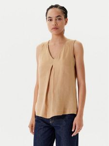 United Colors Of Benetton Bluzka 5BMLDQ06W Beżowy Regular Fit. Brązowe bluzki United Colors of Benetton, s, bez wzorów, ze lnu, bez kołnierzyka, bez ramiączek. Za 139,99 zł.
