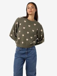 Noisy may Sweter w kolorze oliwkowo-beżowym rozmiar: L. Brązowe swetry oversize Noisy may, l, bez wzorów, ze splotem, bez ramiączek. Za 162,49 zł.