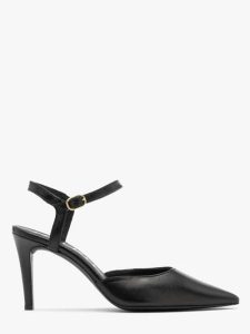 Czarne czółenka damskie z odkrytą piętą. Czarne czółenka Ryłko, bez wzorów, ze skóry, bez obcasa, na szpilce, bez zapięcia. W wyprzedaży za 229,99 zł.