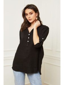 Fleur de Lin Lniana bluzka "Bjorg" w kolorze czarnym rozmiar: XL. Czarne bluzki Fleur de Lin, xl, bez wzorów, ze lnu, bez kołnierzyka, bez ramiączek. Za 171,68 zł.