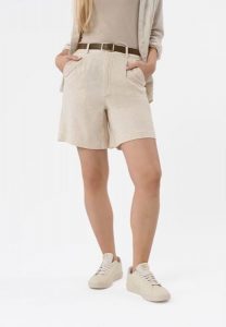 P-ELYS. Brązowe szorty Volcano, bez wzorów, ze lnu, z podwyższonym stanem. Za 139,99 zł.
