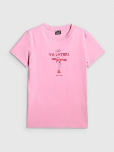 4F T-shirt regular z nadrukiem damski - różowy XL. Czerwone t-shirty 4f, xl, bez wzorów, bez kołnierzyka, bez ramiączek. Za 49,99 zł.