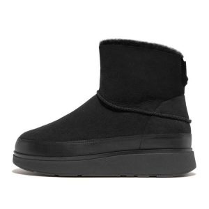 Buty FitFlop GEN-FF Mini Double-Faced Shearling Boots W GS6-090 czarne. Czarne buty zimowe z materiału, bez obcasa, bez zapięcia. Za 720,14 zł.