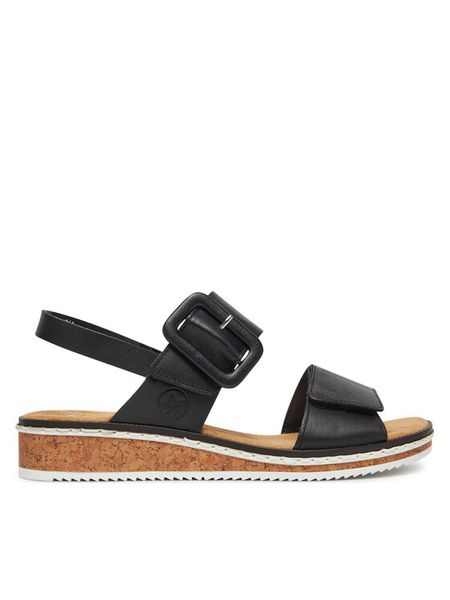 Rieker Sandały V3667-00 Czarny. Czarne sandały Rieker, bez wzorów, ze skóry, bez obcasa, na koturnie, bez zapięcia. Za 319,99 zł.