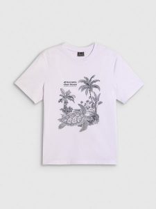 4F T-shirt relaxed z nadrukiem damski - biały L. Białe t-shirty 4f, l, bez wzorów, z bawełny, bez kołnierzyka, bez ramiączek. Za 59,99 zł.