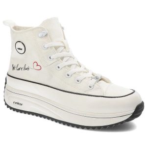 Białe Sneakersy Rieker Sportowe Obuwie Damskie. Białe buty sportowe Rieker, na lato, bez wzorów, z materiału, bez zapięcia, trekkingowe. Za 299,00 zł.