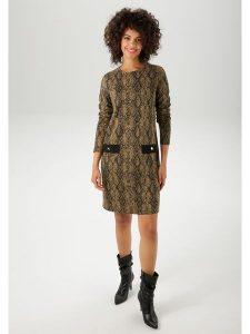 Aniston Sukienka w kolorze jasnobrązowo-czarnym rozmiar: 42. Brązowe sukienki Aniston, bez wzorów, bez kołnierzyka, bez ramiączek, mini. Za 113,36 zł.
