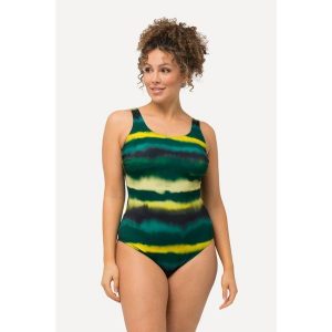 Damskie Kostium kąpielowy paski batikowe bez miękkich miseczek okrągły dekolt. Zielone stroje jednoczęściowe Ulla Popken, bez wzorów, z elastanu. Za 199,99 zł.