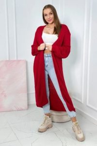 Sweter długi kardigan czerwona. Czerwone długie swetry KESI, l, z dzianiny, bez kołnierzyka, plus size. Za 190,70 zł.