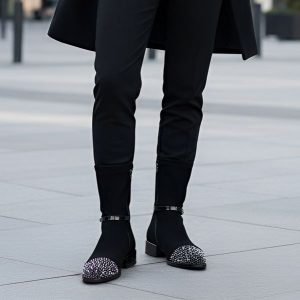 Botki damskie S. Barski, z ozdobnymi kamieniami na nosku i ocieplane futerkiem, czarne, MR52-165. Czarne botki S.BARSKI, z aplikacjami, ze skóry ekologicznej, bez obcasa, na obcasie, bez zapięcia. Za 237,99 zł.