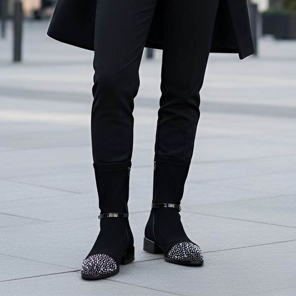 Botki damskie S. Barski, z ozdobnymi kamieniami na nosku i ocieplane futerkiem, czarne, MR52-165. Czarne botki S.BARSKI, z aplikacjami, ze skóry ekologicznej, bez obcasa, na obcasie, bez zapięcia. Za 229,00 zł.