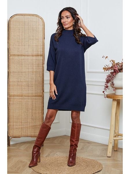 So Cachemire Sukienka dzianinowa "Major" w kolorze granatowym rozmiar: XL. Niebieskie sukienki So Cachemire, na co dzień, xl, bez wzorów, z dzianiny, bez kołnierzyka, bez ramiączek, midi, proste. Za 191,88 zł.