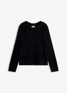 Sweter ażurowy z przędzy piórkowej. Czarne swetry klasyczne bonprix, bez kołnierzyka. Za 109,99 zł.