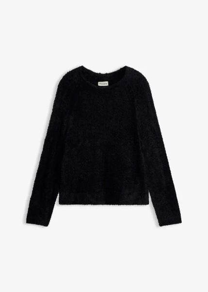 Sweter ażurowy z przędzy piórkowej. Czarne swetry klasyczne bonprix, bez kołnierzyka. Za 109,99 zł.