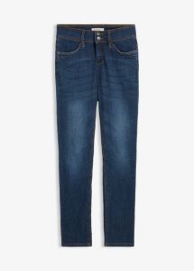 Jeansy o kroju slim fit, high-waist, z wygodnym stretchem. Niebieskie jeansy bonprix, bez wzorów, z jeansu, z podwyższonym stanem. Za 114,99 zł.