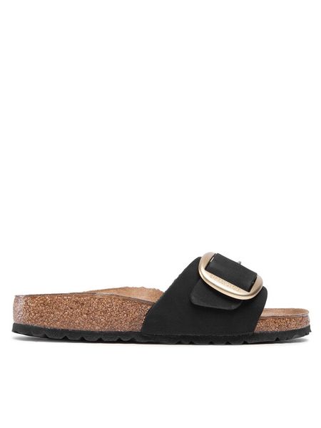 Birkenstock Klapki Madrid Big Buckle 1023373 Czarny. Czarne klapki Birkenstock, bez wzorów, z nubiku, bez obcasa. Za 458,99 zł.