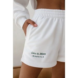 Szorty z dzianiny dresowej z haftem zielonym w kolorze CHEMICAL WHITE - LE PETIT. Białe szorty Marsala, bez wzorów, z bawełny, casualowe, z podwyższonym stanem. Za 189,90 zł.