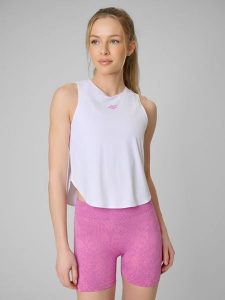 4F Top treningowy szybkoschnący damski - biały M. Białe topy 4f, m, bez wzorów, biznesowe, bez kołnierzyka, bez ramiączek. Za 119,99 zł.