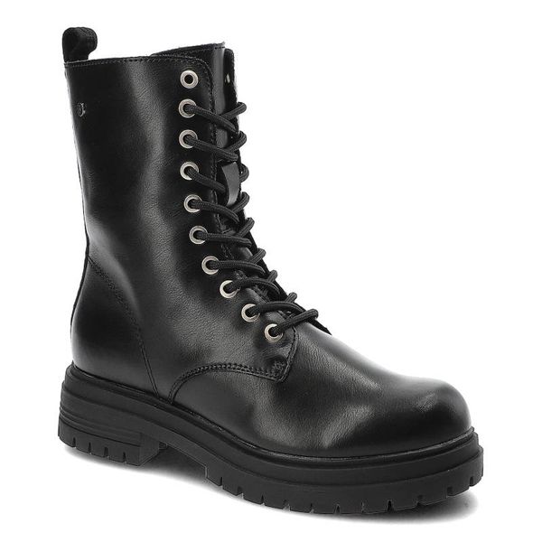 Botki damskie Filippo, ze skóry naturalnej licowej z wysoką sznurowaną cholewką metalowymi oczkami pętelką z tyłu, czarne, DBT4212/22 BK. Czarne botki Filippo, z aplikacjami, z futra, bez obcasa, na płaskiej podeszwie, bez zapięcia. Za 249,00 zł.