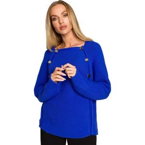 Sweter z Metalowymi Guzikami - Szafirowa. Niebieskie swetry klasyczne MOE, l, z materiału, bez kołnierzyka. Za 254,90 zł.