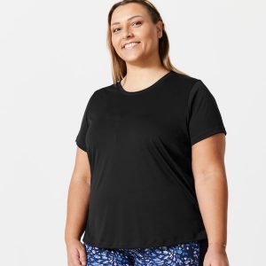 Koszulka fitness damska Domyos Plus Size krótki rękaw. Czarne bluzki DOMYOS, l, bez wzorów, z elastanu, sportowe, bez kołnierzyka, plus size, bez ramiączek. Za 39,99 zł.