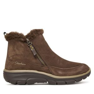 Botki Skechers. Brązowe botki Skechers, bez wzorów, bez obcasa, na płaskiej podeszwie, bez zapięcia. Za 299,99 zł.