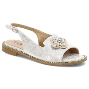 Sandały damskie S. Barski, eleganckie z ozdobą ze skóry ekologicznej i na płaskim obcasie, srebrne, KV51-080. Szare sandały S.BARSKI, z aplikacjami, ze skóry ekologicznej, bez obcasa, na płaskiej podeszwie, bez zapięcia. Za 109,00 zł.