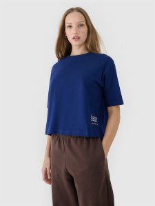4F T-shirt oversize z nadrukiem damski - granatowy S. Niebieskie t-shirty 4f, s, bez wzorów, z bawełny, bez kołnierzyka, bez ramiączek. Za 69,99 zł.