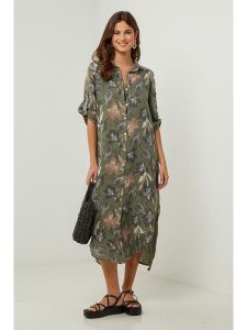 Lin Passion Lniana sukienka w kolorze khaki rozmiar: 36/38. Brązowe sukienki Lin Passion, bez wzorów, ze lnu, klasyczne, bez kołnierzyka, bez ramiączek, midi. Za 173,99 zł.