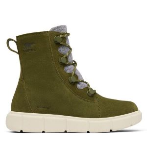 Botki Sorel. Zielone botki Sorel, bez wzorów, bez obcasa, na płaskiej podeszwie, bez zapięcia. Za 509,99 zł.