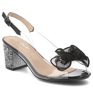 Sandały damskie S.Barski, ozdobna kokarda regulowany pasek stabilny obcas elegancki fason, czarne, MR61-9012. Czarne sandały S.BARSKI, z aplikacjami, bez obcasa, na obcasie, bez zapięcia. Za 199,00 zł.