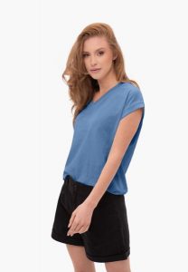 T-shirt z dekoltem V, Comfort Fit, T-SKY. Niebieskie t-shirty Volcano, m, bez wzorów, z bawełny, bez kołnierzyka, bez ramiączek. Za 54,99 zł.