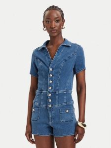 Guess Kombinezon W6GKA8 D1103 Niebieski Regular Fit. Niebieskie sukienki Guess, z aplikacjami, z bawełny, bez kołnierzyka, bez ramiączek. Za 654,99 zł.