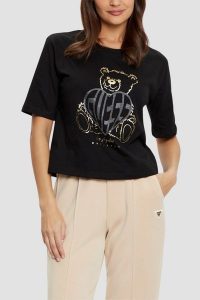 GUESS Czarny t-shirt damski Bear Boxy. Czarne t-shirty Guess, s, z aplikacjami, bez kołnierzyka, bez ramiączek. W wyprzedaży za 161,99 zł.