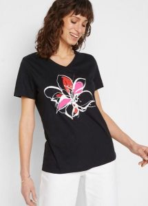 T-shirt. Czarne t-shirty bonprix, bez wzorów, bez kołnierzyka, bez ramiączek. Za 42,99 zł.
