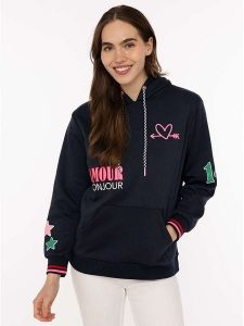 Zwillingsherz Bluza "Bonjour ZH" w kolorze granatowym rozmiar: L/XL. Niebieskie bluzy Zwillingsherz, l, bez wzorów, z kapturem. Za 165,99 zł.