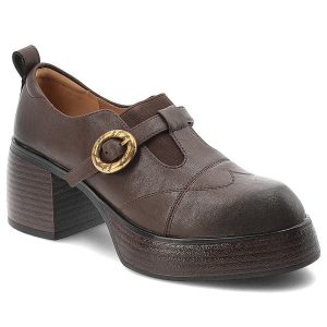 Półbuty damskie D&A o eleganckim fasonie z ozdobnym paskiem złotą klamrą i stabilnym obcasem na platformie brązowe, CR62-3524 Coffee. Brązowe półbuty S.BARSKI, bez wzorów, bez obcasa, na platformie, bez zapięcia. Za 359,00 zł.