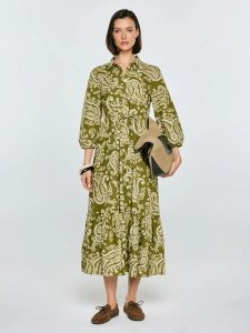 Sukienka damska midi ze wzorem paisley zielona Mazekin 301. Zielone sukienki Big Star, na co dzień, l, bez wzorów, z tkaniny, boho, bez kołnierzyka, bez ramiączek, midi, dopasowane. Za 249,99 zł.