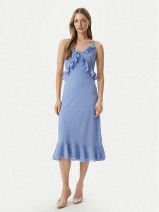 Morgan Sukienka koktajlowa 261-RELODI Niebieski jasny Regular Fit. Niebieskie sukienki Morgan, bez wzorów, z syntetyku, wizytowe, bez kołnierzyka, bez ramiączek. Za 399,99 zł.
