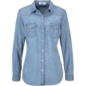 Koszula dżinsowa. Niebieskie koszule bonprix, bez wzorów, bez kołnierzyka, bez ramiączek. Za 109,99 zł.
