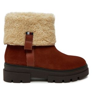 Botki Tommy Hilfiger. Brązowe botki TOMMY HILFIGER, bez wzorów, bez obcasa, na płaskiej podeszwie, bez zapięcia. Za 449,99 zł.