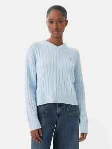 Tommy Hilfiger Sweter WW0WW48433 Niebieski jasny Regular Fit. Niebieskie swetry klasyczne TOMMY HILFIGER, xl, z bawełny, bez kołnierzyka. Za 492,99 zł.