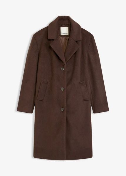 Krótki płaszcz z materiału w optyce wełny. Brązowe płaszcze bonprix, bez wzorów, z wełny, bez kaptura. Za 299,99 zł.