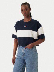 Tommy Jeans T-Shirt Badge Colour-Blocked DW0DW18706 Granatowy Oversize. Niebieskie t-shirty Tommy Jeans, l, bez wzorów, z bawełny, bez kołnierzyka, bez ramiączek. Za 189,99 zł.