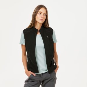 Kamizelka turystyczna polarowa damska Quechua MH100. Czarne kamizelki QUECHUA, m, bez wzorów, z materiału, bez kołnierzyka, bez ramiączek, bez kaptura. Za 59,99 zł.