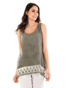 Lin Passion Lniany top w kolorze khaki rozmiar: 38/40. Brązowe topy Lin Passion, bez wzorów, z koronki, klasyczne, bez kołnierzyka, bez ramiączek. Za 173,99 zł.