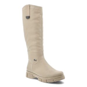 Kozaki damskie Rieker o wysokim fasonie z prostą cholewką i masywną traperową podeszwą beżowe, Y7190-60 Beige. Brązowe kozaki Rieker, na zimę, bez wzorów, z puchu, przed kolano, bez obcasa, bez zapięcia. Za 439,00 zł.